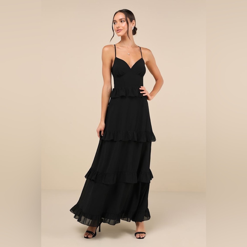Lulus Captivating Class Black Ruffled Tiered Lace-Up Maxi Dress‎ Size Large